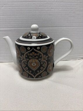 Vera Bradley Black and White Teapot with Gold Paisley Accents